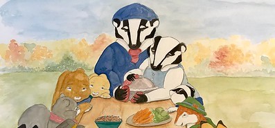 painting of two badgers and animal friends at outdoor Thanksgiving meal